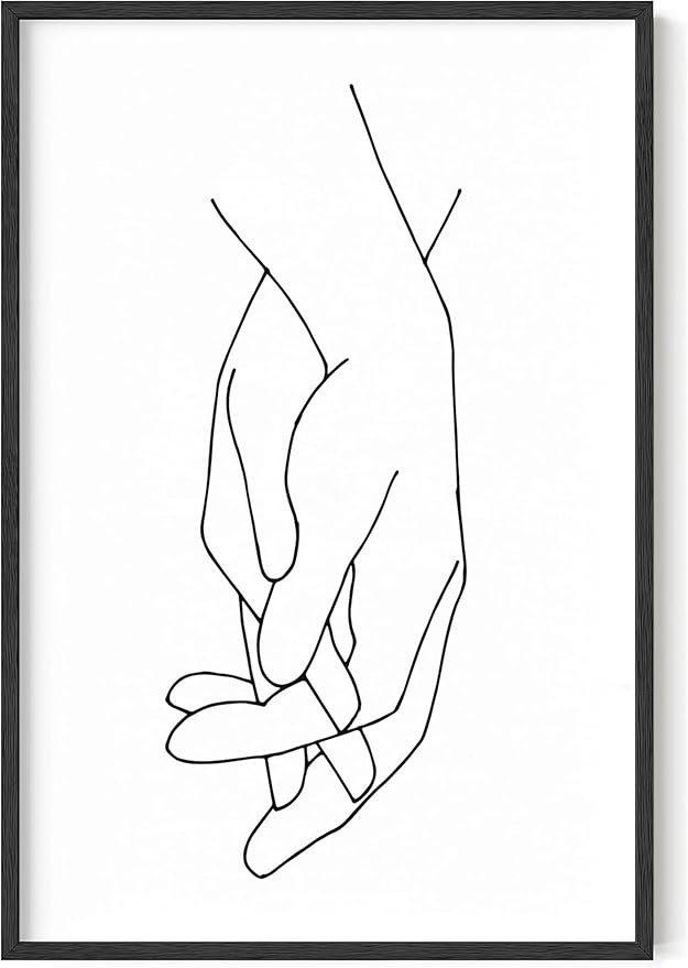 Holding Hands Wall Art Interlocking Fingers Connection Continuous Line Drawing 24x36 Inch Oak Wood Black Framed Modern Minimalist Unity Print for Bedroom