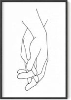 Holding Hands Wall Art Interlocking Fingers Connection Continuous Line Drawing 24x36 Inch Oak Wood Black Framed Modern Minimalist Unity Print for Bedroom