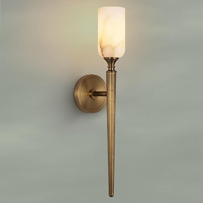 22in Alabaster Wall Sconce, Gold Sconces with Spanish Marble, Modern Brass Wall Mounted Lamp, Hardwired LED Wall Lighting for Bathroom Bedroom Living Room Staircase Hallway Dining Room