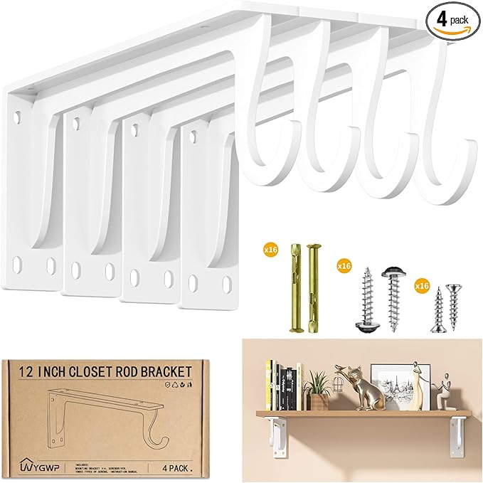 Closet Rod Support Bracket 12 inch WYGWP Heavy Duty Closet Shelves Brackets with Rod Shelving Supports 400lbs, Wall Mounted Shelf and Rod Holder for Armoire Wardrobe and Walk-in Closet Decor (4 Pack)