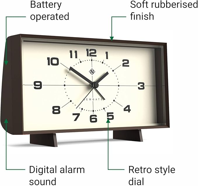 NEWGATE® Wideboy Alarm Clock | Rectangular Retro Design | Mocha Brown | Mid Century dial | Ideal for Bedside, Desk, Mantel or Shelf | Retro Bedroom & Office Accessory