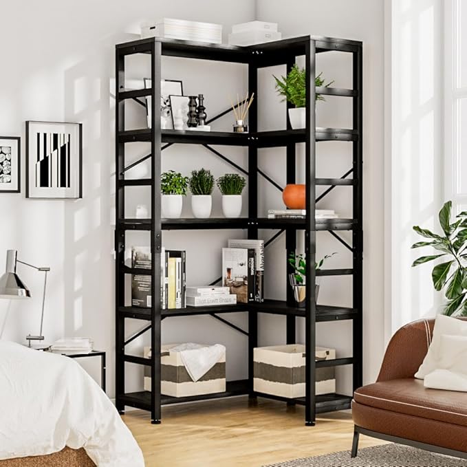 NUMENN 5 Tier Corner Bookshelf, Modern Corner Bookcase, Large Open Shelf Bookcase, Tall Bookshelves Storage Display Rack for Bedroom, Living Room and Home Office, Black