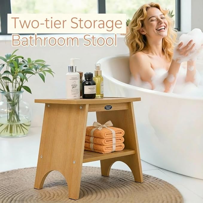 Shower Stool for Inside Shower, Shower Benches for Shaving Legs, 500lbs Shower Chair With Space-Efficient Storage Shelf, Waterproof Shower Seat for Spa Bathroom, Indoor or Outdoor 18”x17” (Teak Style)