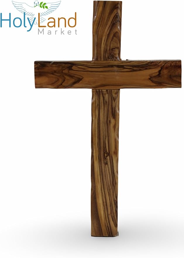 Holy Land Market Olive Wood Cross from Bethlehem - Inspirational Wall Cross for Christians, Hand Carved Wooden Cross for Wall with Certificate & Lord's Prayer Card, 10 Inches, Jerusalem Stamp