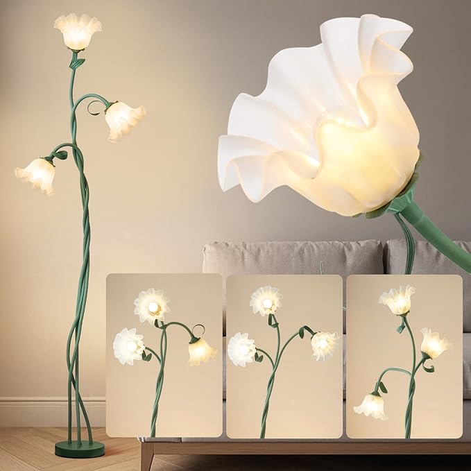 Flower Floor Lamp for Living Room,Tall Standing Reading Lamp with Flexible Neck,3 Color Temperatures LED Dimmable Decorative Light, Cute Floor Lamp for Bedroom Corner (Green)