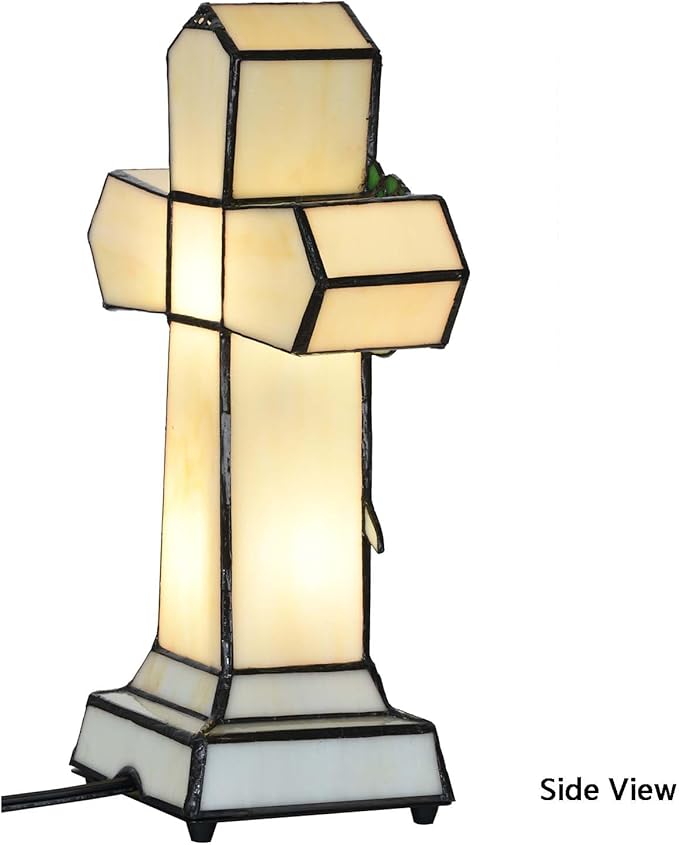 Bieye L10935 Christian Cross Tiffany Style Stained Glass Accent Table Lamp Night Light for Home Décor (Rose)