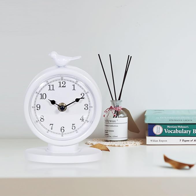 Mantel Clock, Classic Vintage Clocks and Decorative Shelf Decor, Silent Analog Desk Clocks with Light Vintage Metal Table Clock for Living Room Shelf Bedside Home Decor (White)