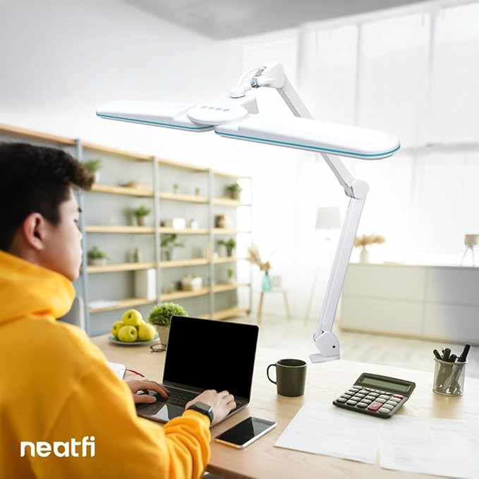 Neatfi Elite HD XL LED Desk Lamp, 3 Light Modes, 90PCS SMD LED, Non-Polar Dimming, Bright Eye-Caring Lighting for Home Office, Drafting, Beauty Shop, Workbench (CCT with Clamp, Blue Ring, 17 Inches)