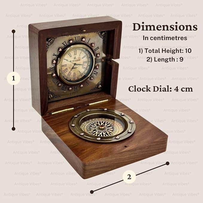 Vintage Wooden Box with Clock and Compass, Shelf Decor, London Style Roman Numeral Display, Steampunk Desk/Mantel Clocks, Wedding, Engagement Gift for Men or Women, for Husband Wife