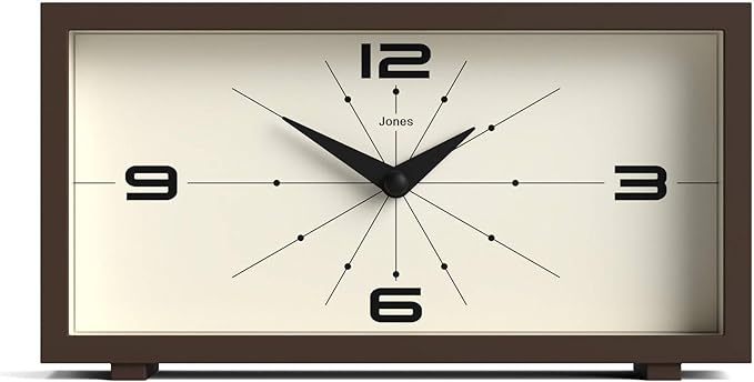 JONES CLOCKS® 'Odeon' Desk Clock | Modern Rectangular Design in Brown, Stylish Retro Look for Shelf, Table, Mantel or Bedside