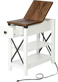 Narrow End Table with Charging Station - Farmhouse Slim Side Table, w/USB Ports Power Outlets, Nightstand w/Flip Top Storage Drawer, for Small Spaces Living Room Bedroom, Brown White