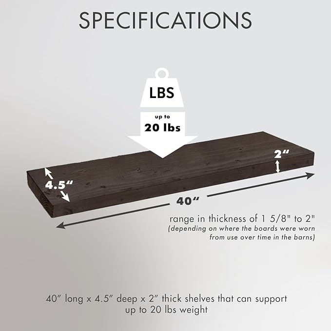 Urban Legacy Reclaimed Barnwood Planks | Floating Shelves for Wall w/Flush Mount Shelf Bracket Set Included | Set of 2 (Coffee Bean, 40"x 4.5"x 2")