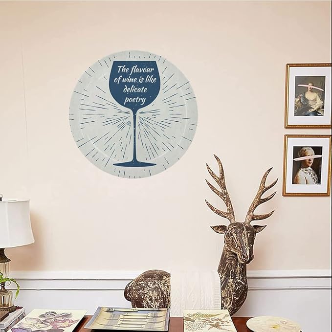 Ceramic Display Plate, Wine Ceramic Hanging Decorative Plate, Wine Glass and Vintage Sun Burst Frame, 10 Inch, Household Custom Ceramic Plate, Night Blue White