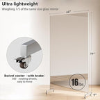 Full Length Mirror with Wheels, 79" x 44", White, Nano Film Surface Without Glass, shatterproof, Safe, Lightweight, only 16lbs Easy to Move and Install, for Home Gym, Dance & Yoga Studios.