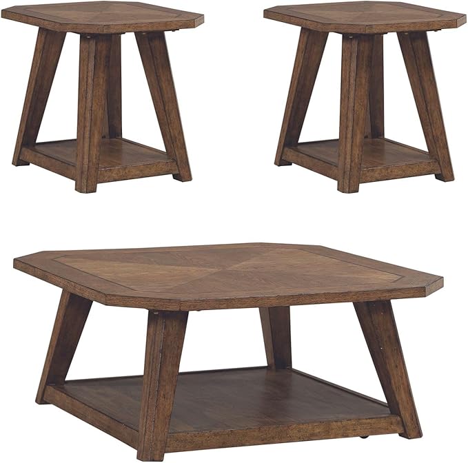 Liberty Furniture Carolina Park Opt 3 Piece Set for Living Room - Octagonal Cocktail Table, 2 Octagonal End Tables - Amber Brown Oak