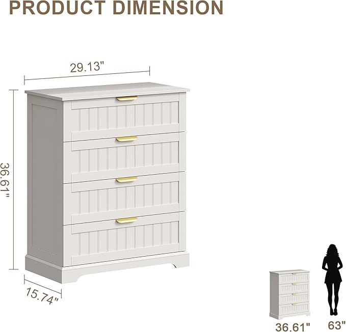 4 Wooden Drawer Dresser for Bedroom Storage, Modern Farmhouse Wood Chest of Drawers with Metal Handles, Wide Storage, Cabinet for Closet, Living Room, or Entryway White