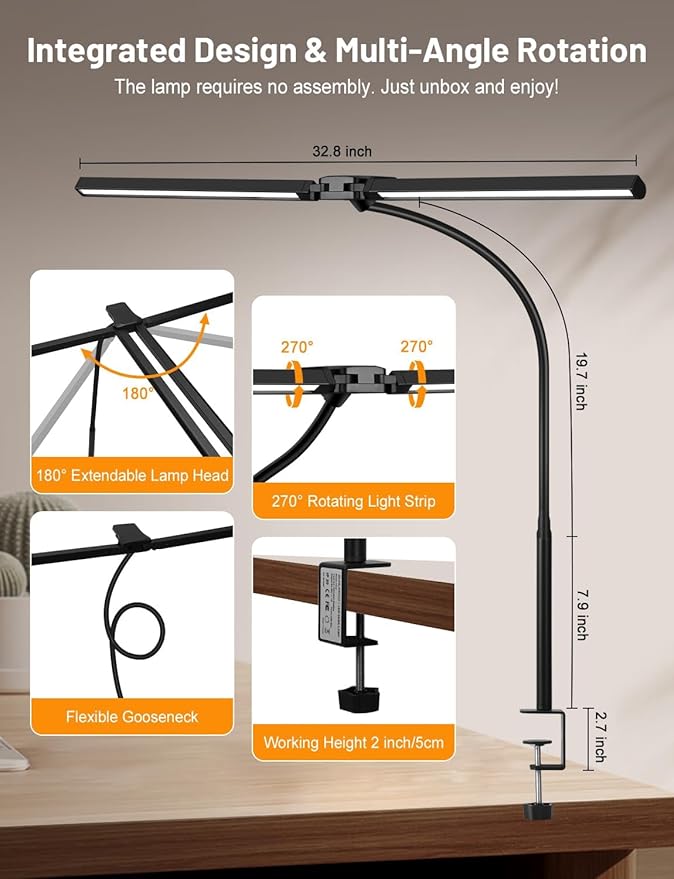 32.8'' Wide Desk Lamp with Clamp for Home Office, Eye-Caring LED Desk Lamp, Dimmable Table Clip Lamp for Dual Screen Computer Monitor, Adjustable Color Lighting Mode Computer Monitor Light