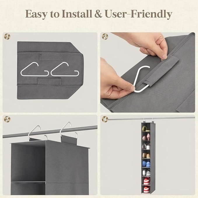 Lifewit 8 Tier Shoe Hanging Organizer for Closet, Folding Fabric Shoes Storage with Two Sturdy Hangers, Hanging Shoe Organizers for Shelves, Wardrode, Dorm, 11.8" L X 5.9" W X 41.3" H, Gray