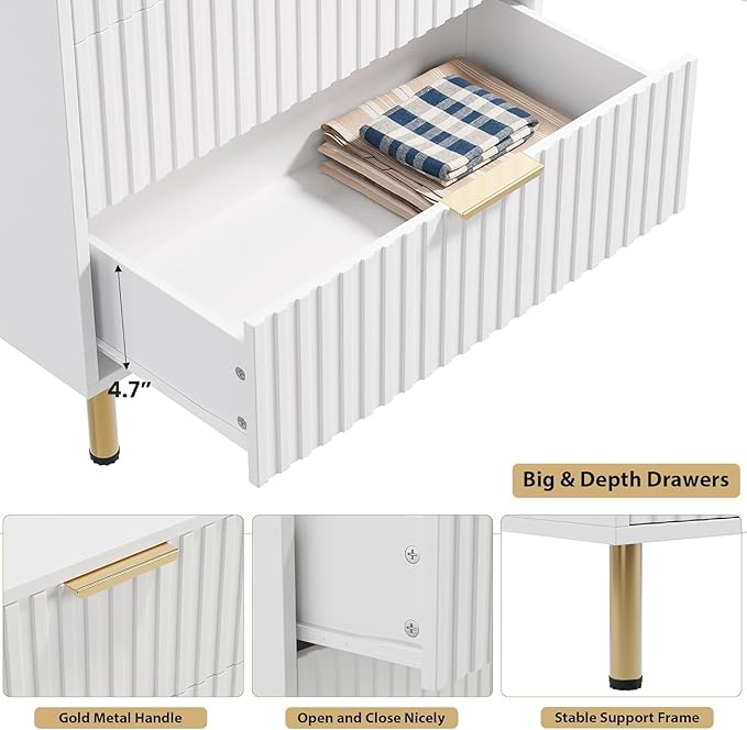 GarveeHome Fluted 5 Drawer Dresser for Bedroom, 48 in Tall Modern Chest of Drawers with Deep Drawers and Wide Top, Wooden Dresser Organizer for Living Room, Hallway, Kids Room, White