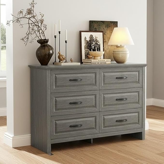 Marsail Farmhouse 6 Drawer Dresser, Wood Chest of Drawers with Natural Texture, Smooth Gliding Drawers, Versatile Storage Organizer Cabinet for Bedroom & Living Room, Grey