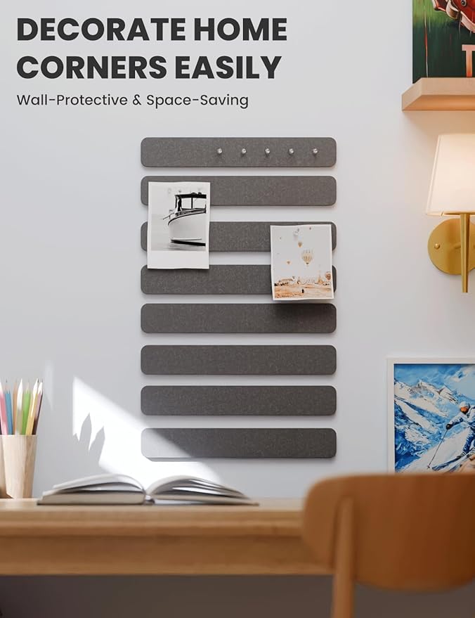 Fluxynara Cork Board Alternative Felt Strip Board 8-Pack 13"x2", Office Pin Board with 50 Push Pins, Adhesive Install for Bedroom Door & Home Office(Charcoal Gray)