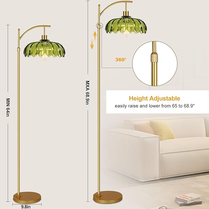 Gold Floor Lamps for Living Room Vintage Green Floor Lamp with Remote Control & Glass Lampshape,Dimmable Mid Century Modern Standing Lamp Tall Flower Lamp Brass Floor lamp for Bedroom Corner