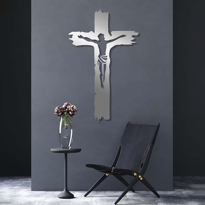 Idadey Jesus Metal Wall Art, Cross Metal Wall Art, Christian Cross Wall Decor, Religious Metal Wall Decor, Christian Gifts, Living Room Wall Decor, Housewarming Gifts (Silver, 35"x22"|90x56cm)