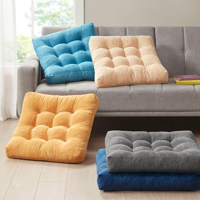 Degrees of Comfort Meditation Floor Pillow Set of 2, Square Large Pillows Seating for Adults, Tufted Corduroy Cushions for Balcony Outdoor Tatami Living Room, Orange Yellow, 22x22