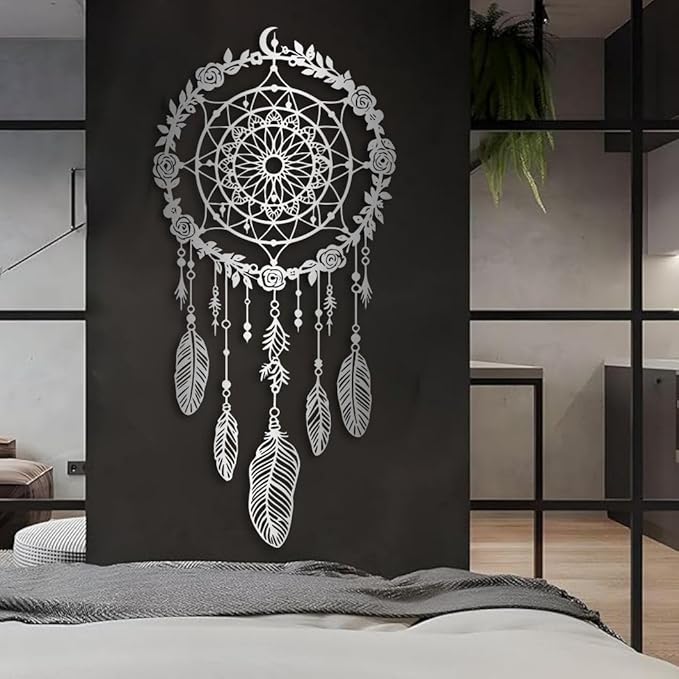 Maclou Metal Dream Catcher Wall Decor, Metal Feather Wall Art, Boho Dream Catcher Wall Decor for Living Room, Bedroom, Girls Room (Black,19x9 inch / 47x22 cm)