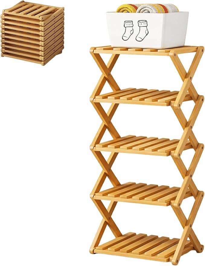 Upgraded The 9-Tier No-Assembly Bamboo Shoe Rack (3–9 Tier), Folding Bamboo Shoe Storage Rack with Zero Assembly Required and Space-Saving Design for Entryway Closet Apartment (Brown, 5 Tier)
