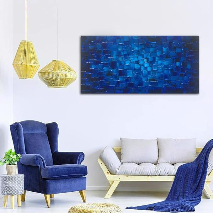 MyArton Large Abstract Dark Blue Square Canvas Wall Art Hand Painted Textured Oil Painting on Canvas Ready To Hang Artwork 56x28inch