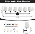 Kvhilw Bathroom Vanity Light, Matte Black Bathroom Light Fixtures, 6-Light Lighting Fixtures Over Miror, Modern Wall Sconce with Flared White Fabric Shade, E26 Socket(ETL Listed)