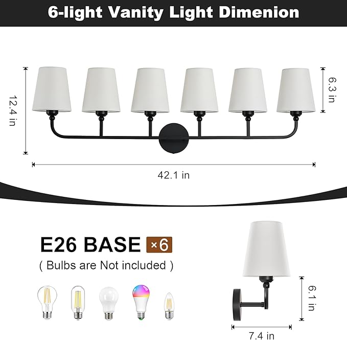 Kvhilw Bathroom Vanity Light, Matte Black Bathroom Light Fixtures, 6-Light Lighting Fixtures Over Miror, Modern Wall Sconce with Flared White Fabric Shade, E26 Socket(ETL Listed)