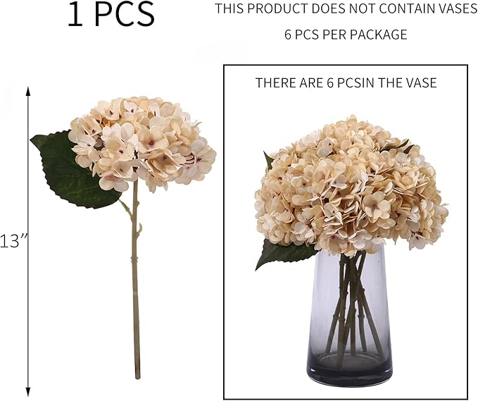 Kimura's Cabin 6pcs Cream Fake Hydrangea Flowers Artificiales Bouquets Faux Silk Hydrangea with Stems for Home Wedding Party Table Core Decoration (Beige)