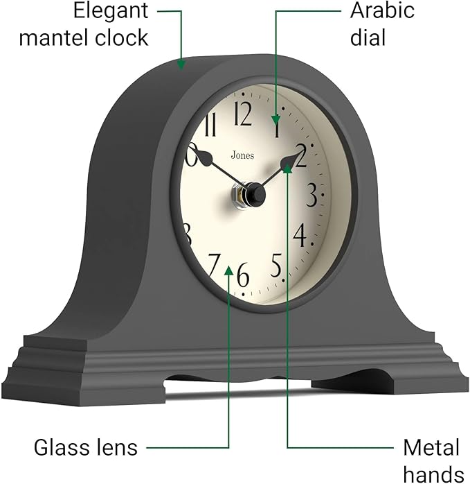 JONES CLOCKS® Speakeasy Mantel Clock | Classic Napoleon’s hat Design | Dark Gray | Contemporary Classic Style for Desk, Table, Shelf or Bedside