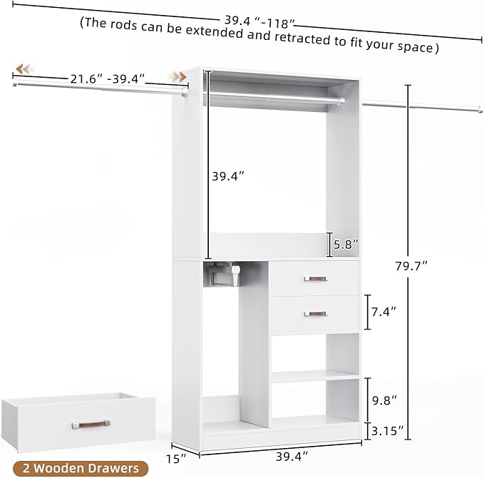 Flrrtenv Organizer with 2 Wooden Drawers and Pull-out Pants Organizer Rod, Walk-in Wood Closet Organizer Wardrobe Clothes Rack with 3 Hanging Rods, Garment Rack, White