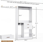 Flrrtenv Organizer with 2 Wooden Drawers and Pull-out Pants Organizer Rod, Walk-in Wood Closet Organizer Wardrobe Clothes Rack with 3 Hanging Rods, Garment Rack, White