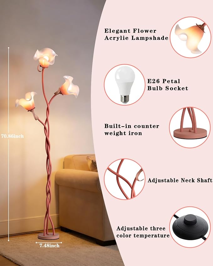 Flower Floor Lamp for Living Room - Tall Standing Reading Lamp with Flexible Neck, 3 Color Temperatures LED Dimmable Decorative Light, Pink Calla Floor Lamp for Bedroom Corner (Pink)