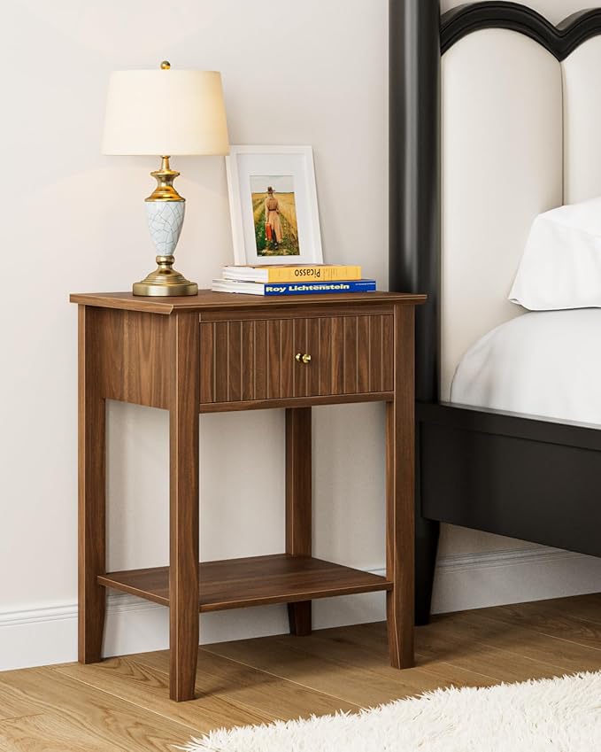 Fluted Nightstand, Farmhouse Night Stand with 1 Drawers, Mid Century Modern Side Accent Table,Bedside End Table for Bedroom, Living Room, Brown