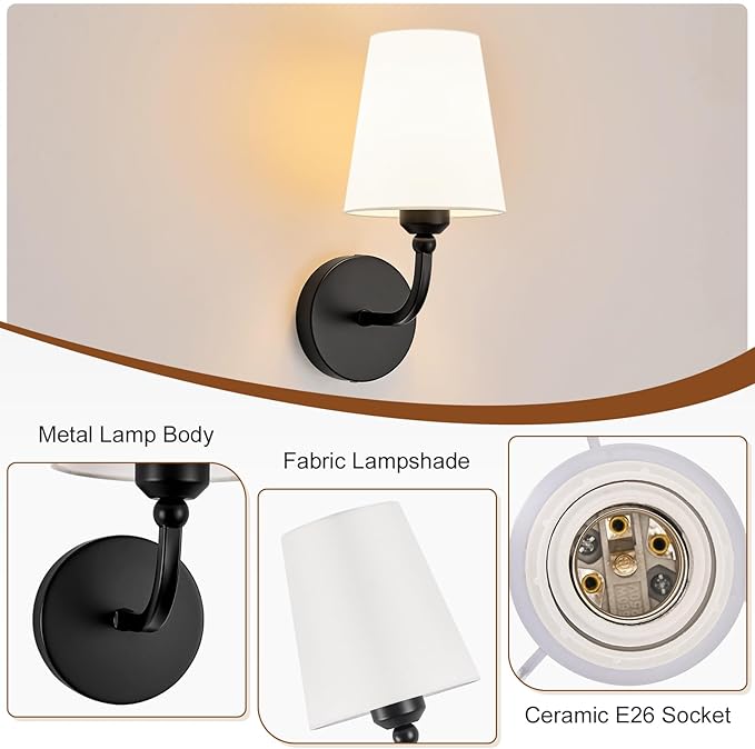 Modern Wall Sconces Set of 2, Hardwired Wall Lights with Flared White Fabric Shade, Matte Black Wall Lamps for Bedroom Bedside Stairway Bathroom Living Room(ETL Listed)