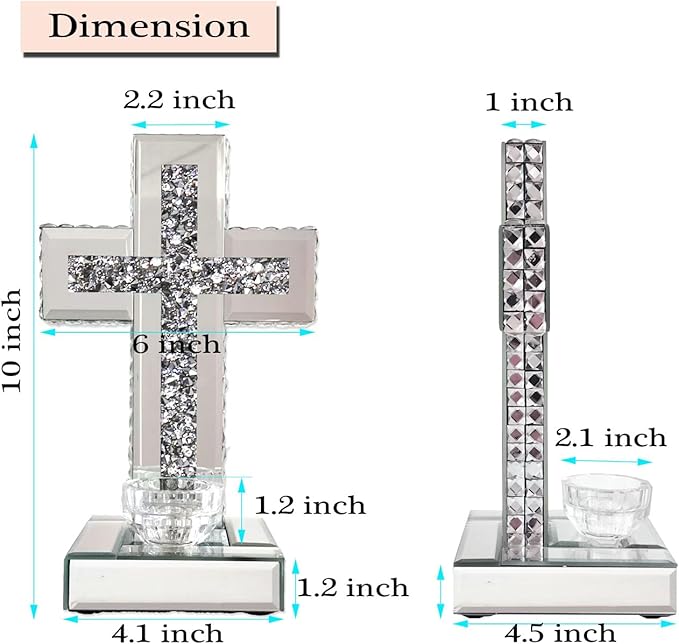 GIMORRTO Mirrored Cross Wall Decor, Crushed Diamond Crystal Glass, Religious Wall Art (Small tabletop with candle holder)