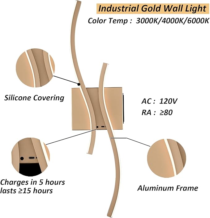 Battery Operated Wall Sconce with Remote Control,10000mAh USB Rechargeable Wireless Minimalist Gold Wall Light,3000K-6000K Dimmable LED Wall Lamp for Bedroom Hallway Background Staircase -1 Pcs