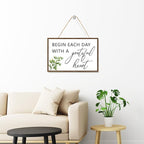 Begin Each Day With A Grateful Heart Sign Wood Plaque Wall Decor,Grateful Sign Wooden Hanging Wall Pediments for Home Office Front Door Wall Decor