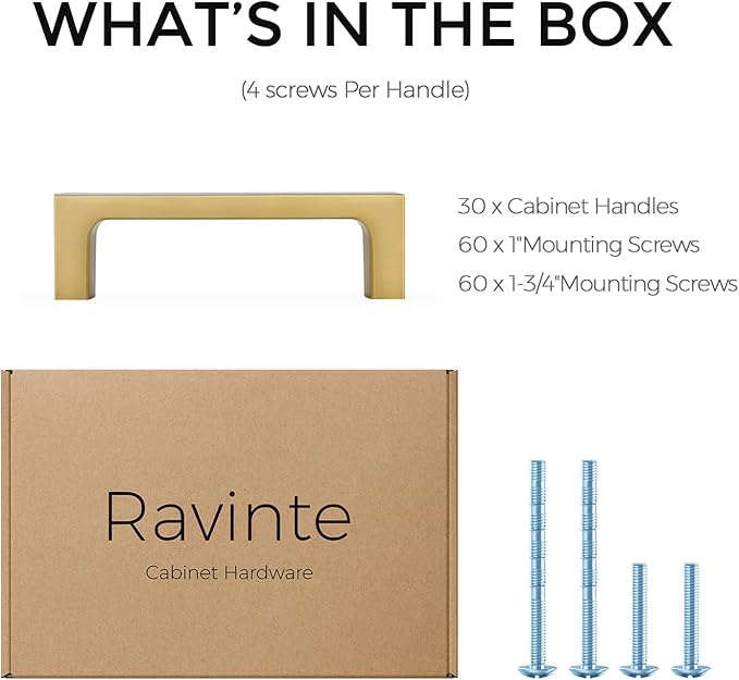 Ravinte 30 Pack Solid 3 Inch Kitchen Square Cabinet Handles Brushed Brass Drawer Pulls Kitchen Cabinet Hardware Handles