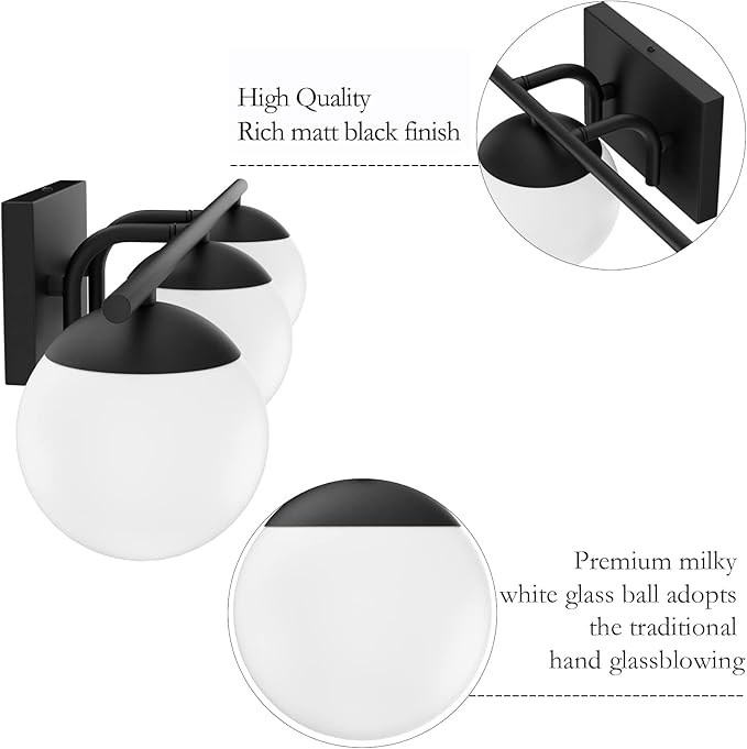 Ralbay Matte Black Bathroom Lights - 3-Light Mid Century Modern Vanity Lights with Milky Glass for Wall Lighting