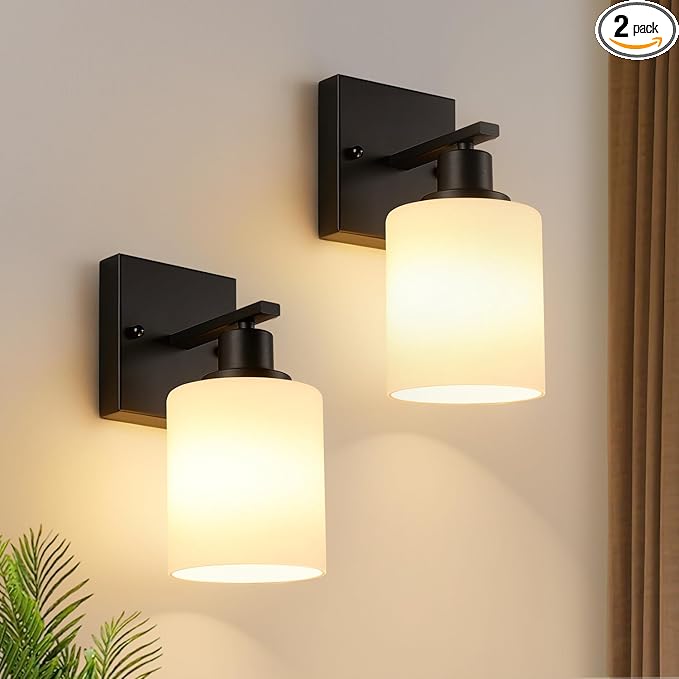 Set of 2 Wall Sconces for Bathroom,Black Modern Vanity Lights with White Glass Shade,Bathroom Wall Lamp for Mirror Kitchen Living Room Hallway Cabinet Porch