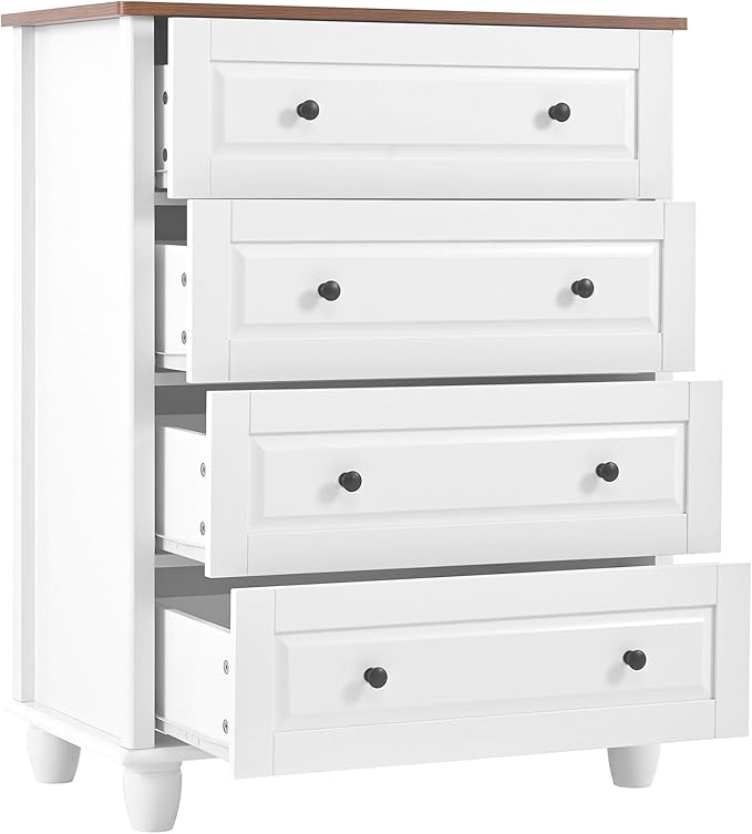 4-Drawer White Storage Cabinet, Wide Dresser with Brushed Metal Handles, Modern Organizer for Living Room, Hallway, Office, Entryway
