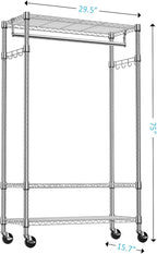 IZEUK Heavy Duty Rolling Garment Rack with 3 Adjustable Wire Shelves, Hanging Rod & Side Hooks - Mobile Clothes Rack with Wheels, 29.5" W x 15.7" D x 75" H,Chrome