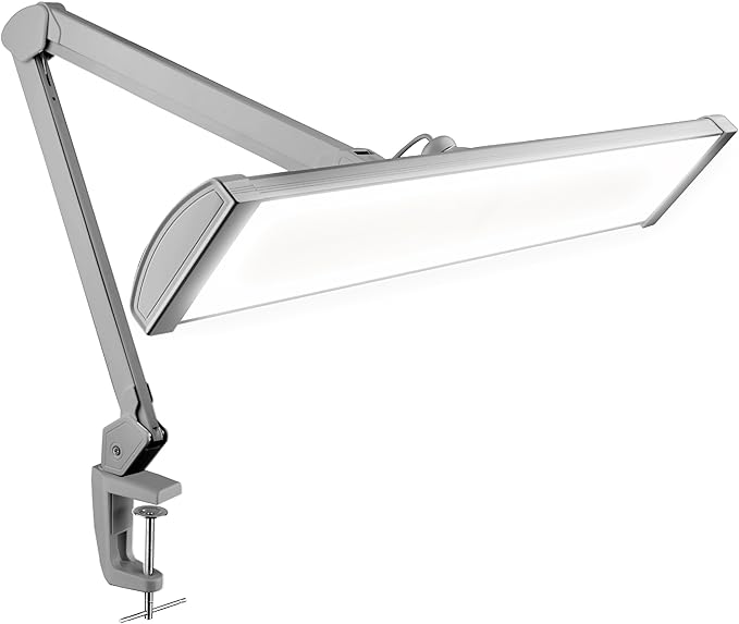 Neatfi Ultra Desk Lamp – 3,500 Lumens, 45W LED, 26-Inch Wide Shade, 5 Brightness Levels, Clamp Mount, Shadow-Free, Non-Flickering Light (Non-CCT with Clamp, Silver)