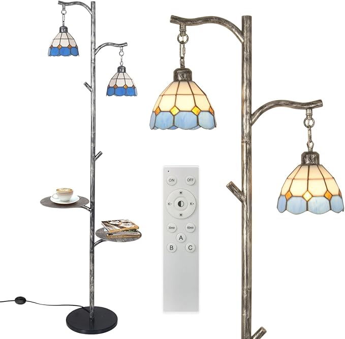 beaysyty Tiffany Style Stained Glass Retro Floor Lamp with Tray, Dimmable Floor Lamps, Custom Color Temperature Standing Lamp for Living Room and Bedroom, Painted Silver Gray